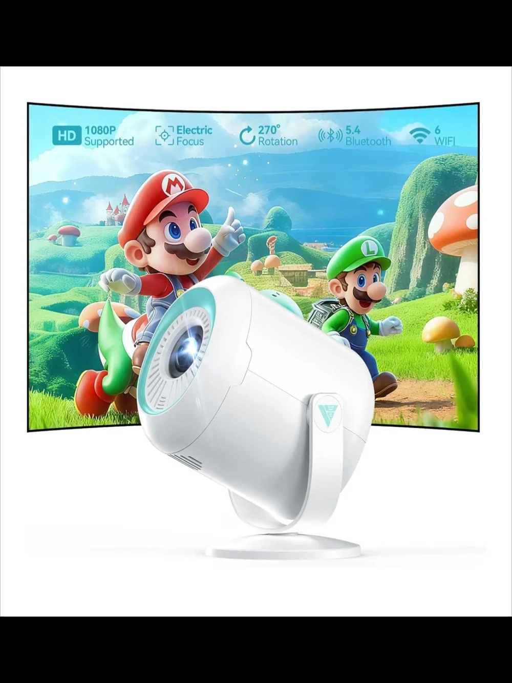 White Mini Projector for Home Theater - Portable Wireless Bluetooth